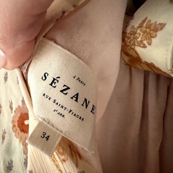 Sezane Estel Long Sleeve Printed Mini Dress Camel Patchwork - Picture 5 of 5